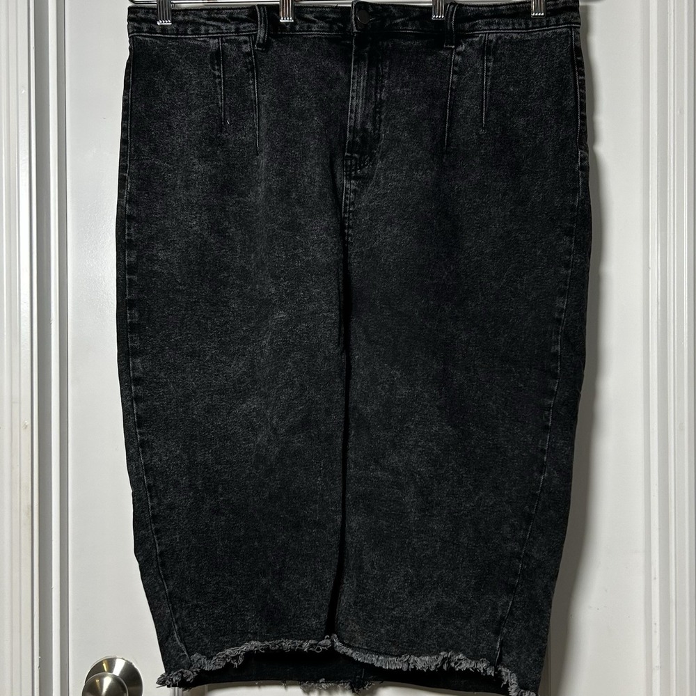 Showpo Black Acid Wash Midi Front Split Denim Skirt Y2K Grunge Rocker Chic Style